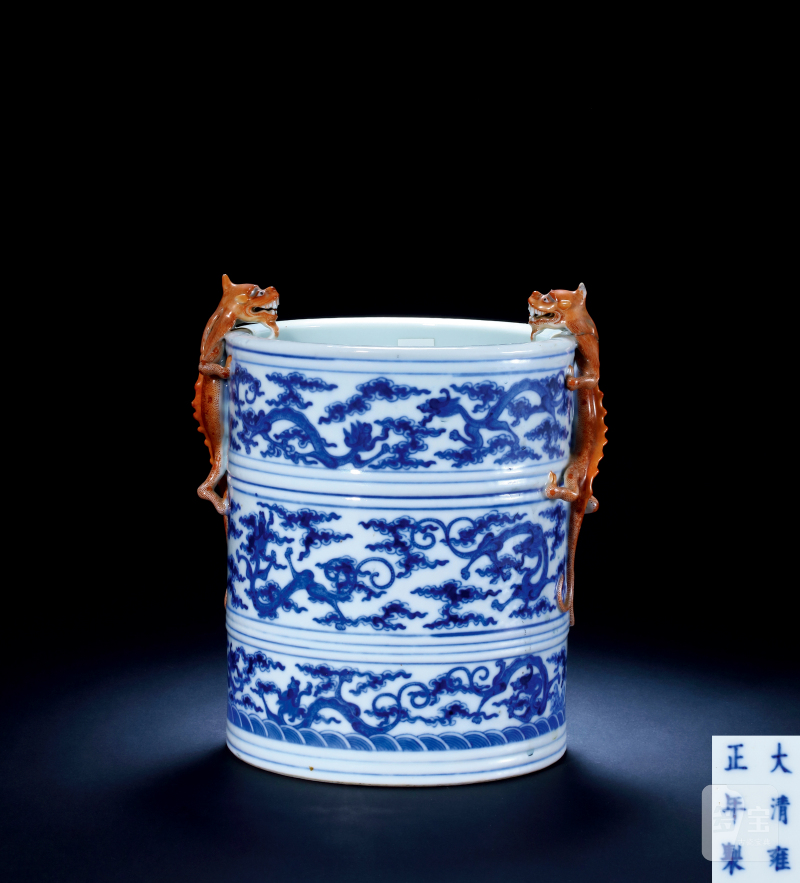 清螭龙耳青花龙纹弦纹笔筒 - 图1